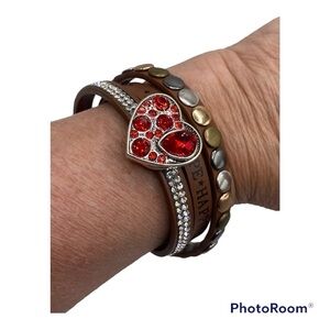 Love, Hope, Happiness Leather Criss Cross Bracelet & 18mm Jeweled Heart Snap NWT